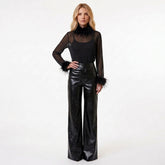 Sheer Feather-Trim Blouse and Faux Leather Wide-Leg Trouser Set