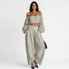 Off-The-Shoulder Crop Top and Wide Leg Linen Set
