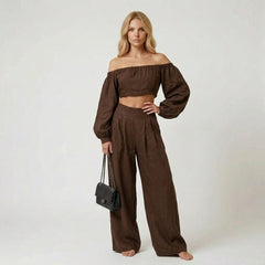 Off-The-Shoulder Crop Top and Wide Leg Linen Set
