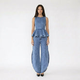 Sleeveless Peplum Denim Top and Curved Hem Wide Leg Jeans