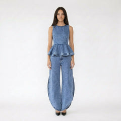 Sleeveless Peplum Denim Top and Curved Hem Wide Leg Jeans