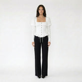 Long Sleeve Puff Shoulder Corset Top with Ruffle Hem