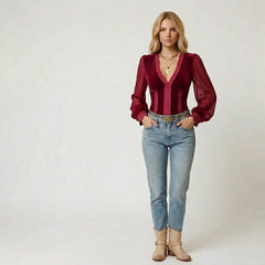 Velvet V-Neck Long Sleeve Top with Lace Trim