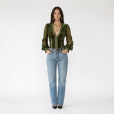 Velvet V-Neck Long Sleeve Top with Lace Trim