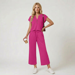 Women's Two-Piece Henley Top and Wide-Leg Lounge Set