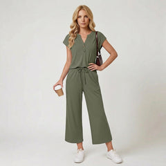 Women's Two-Piece Henley Top and Wide-Leg Lounge Set