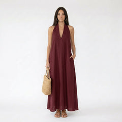 Halter V-Neck Sleeveless Maxi Dress with Pockets
