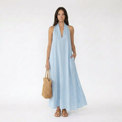 Halter V-Neck Sleeveless Maxi Dress with Pockets