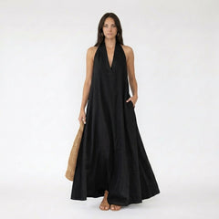 Halter V-Neck Sleeveless Maxi Dress with Pockets