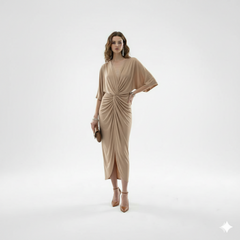 Beige Deep V - Neck Midi Dress
