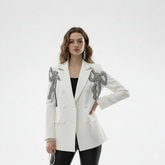 Crystal Bow Embellished White Blazer