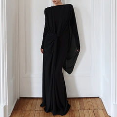 Splicing Long Sleeved Irregular Twisted Long Dress