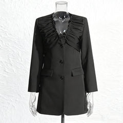 Single breasted long sleeved pleated V-neck suit jacket for women