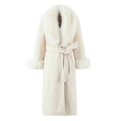 White Faux Fur Trim Belted Coat
