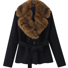 Black Wool Blend Coat with Large Faux Fur Collar