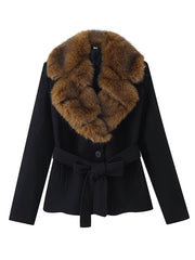 Black Wool Blend Coat with Large Faux Fur Collar