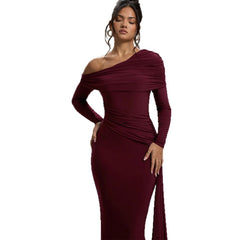 Off-the-Shoulder Long Sleeve Maxi Dress with Draped Side Detail
