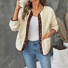 Cozy Teddy Fleece Cardigan Jacket with Contrast Print