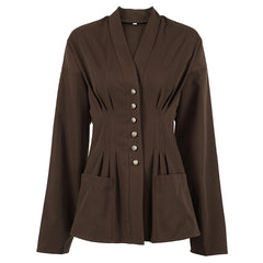 V-Neck Cinched Waist Button-Up Blouse