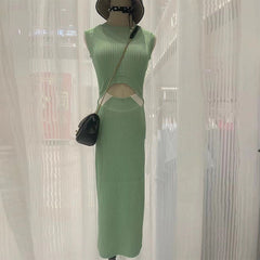 Mint Ribbed Cut-Out Waist Knit Midi Dress