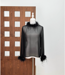 Sheer Feather-Trim Blouse and Faux Leather Wide-Leg Trouser Set