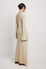 Beige Bell Sleeve Textured Knit Dress