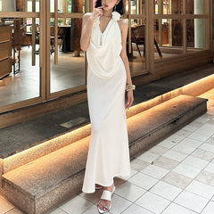 White Halter Draped Maxi Dress Floral Shoulder Slit Gown