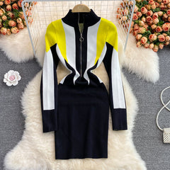 Retro Flame Print High-Neck Knit Dress