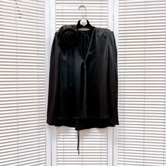 Satin Cape Blouse with Oversized Rose Detail