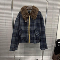 Plaid Wool Bomber Jacket with Cozy Shearling Collar