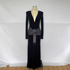 Velvet Deep V Crystal Bow Maxi Dress