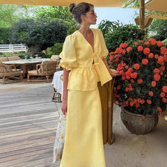 Puff-Sleeve Peplum Top and Maxi Skirt Set