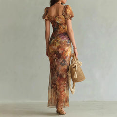 Floral Print Puff Sleeve Maxi Dress with Front Slit