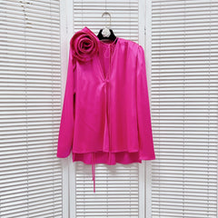 Satin Cape Blouse with Oversized Rose Detail