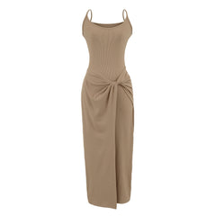 Elegant Khaki Twist - Front Midi Dress