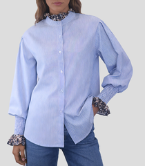 Blue Stripe Shirt with Leopard Cuffs
