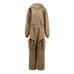 Hollow Tassel Hoodie Wide Leg Pants Set