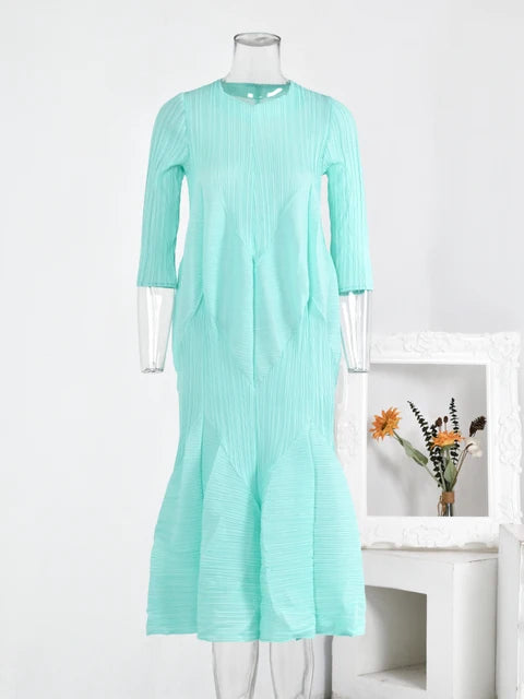 Elegant Pleated Dress Round Neck Long Sleeves High Waist A-line Dresses