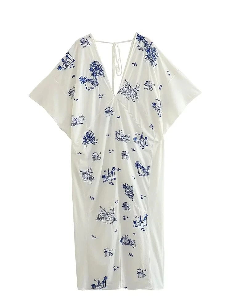 Oriental Ink Painting V-Neck Dress
