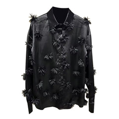 Button-Down Satin Shirt with 3D Floral Appliqués
