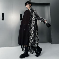 Statement Coat with Black Solid and Graphic Wave Pattern