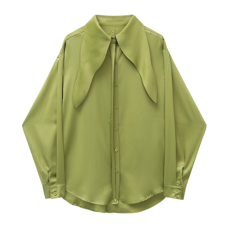 Olive Satin Shirt with Oversized Wing Collar
