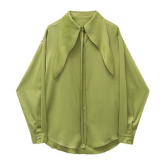 Olive Satin Shirt with Oversized Wing Collar