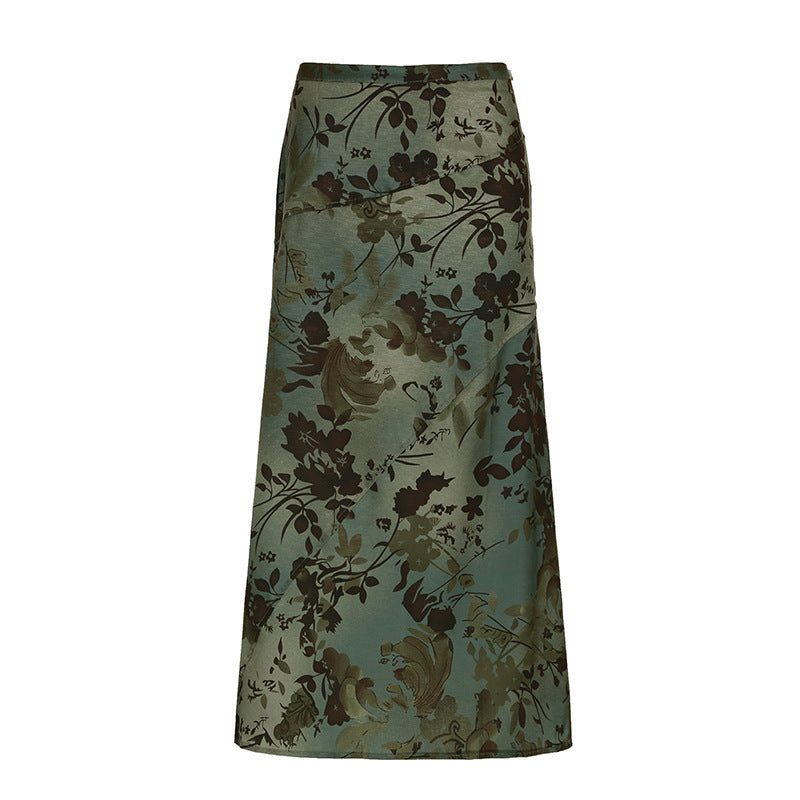Green Floral Asymmetrical Midi Skirt