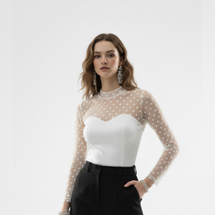 Polka Dot Mesh Mock Neck Top