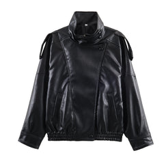 Faux Leather High-Neck Bomber Jacket with Epaulettes