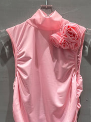 Romantic Pink Ruched Dress with Rosette Shoulder