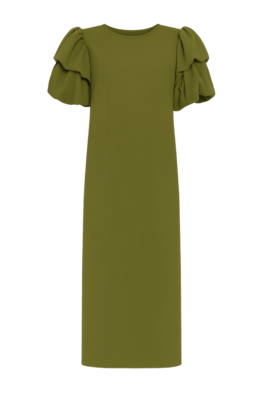 Elegant Olive Puff Sleeve Knit Dress