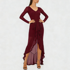Burgundy V-Neck Ruched Dress