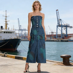 Strapless Button-Front Denim Cargo Maxi Dress
